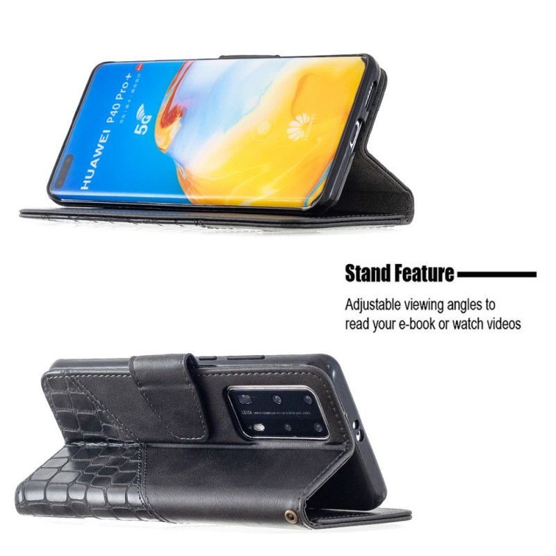 Leren Hoesje Huawei P40 Pro Grijs Zwart Klassiek Krokodillenleereffect