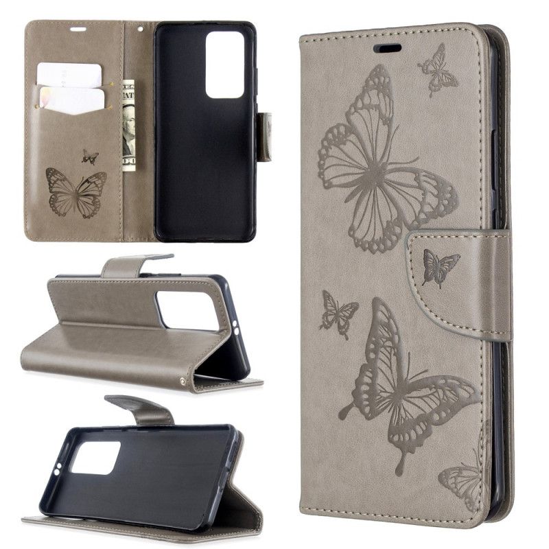 Leren Hoesje voor Huawei P40 Pro Roségoud Cyaan Vlinders En Schuine Flap