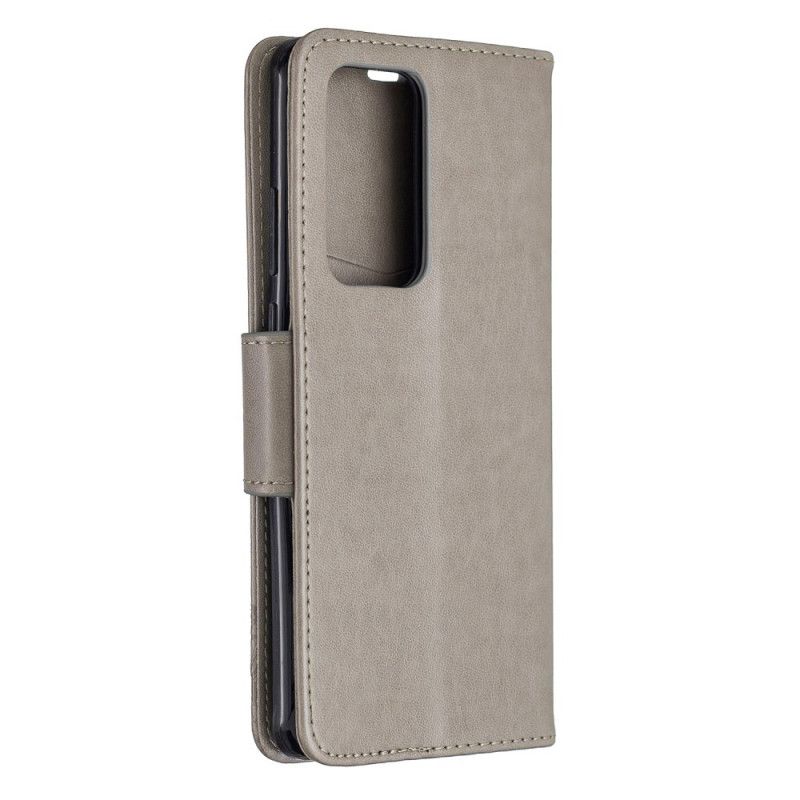 Leren Hoesje voor Huawei P40 Pro Roségoud Cyaan Vlinders En Schuine Flap