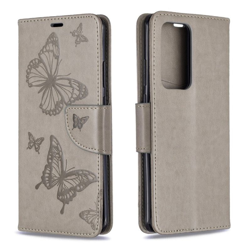 Leren Hoesje voor Huawei P40 Pro Roségoud Cyaan Vlinders En Schuine Flap