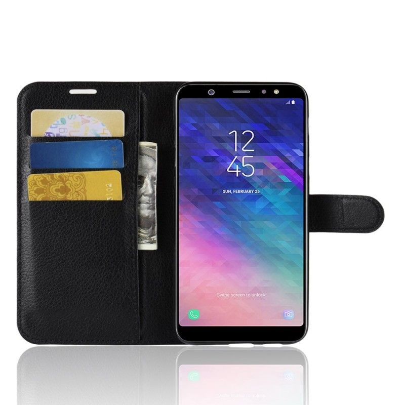 Leren Hoesje voor Samsung Galaxy A6 Plus Wit Zwart Lychee Kunstleer