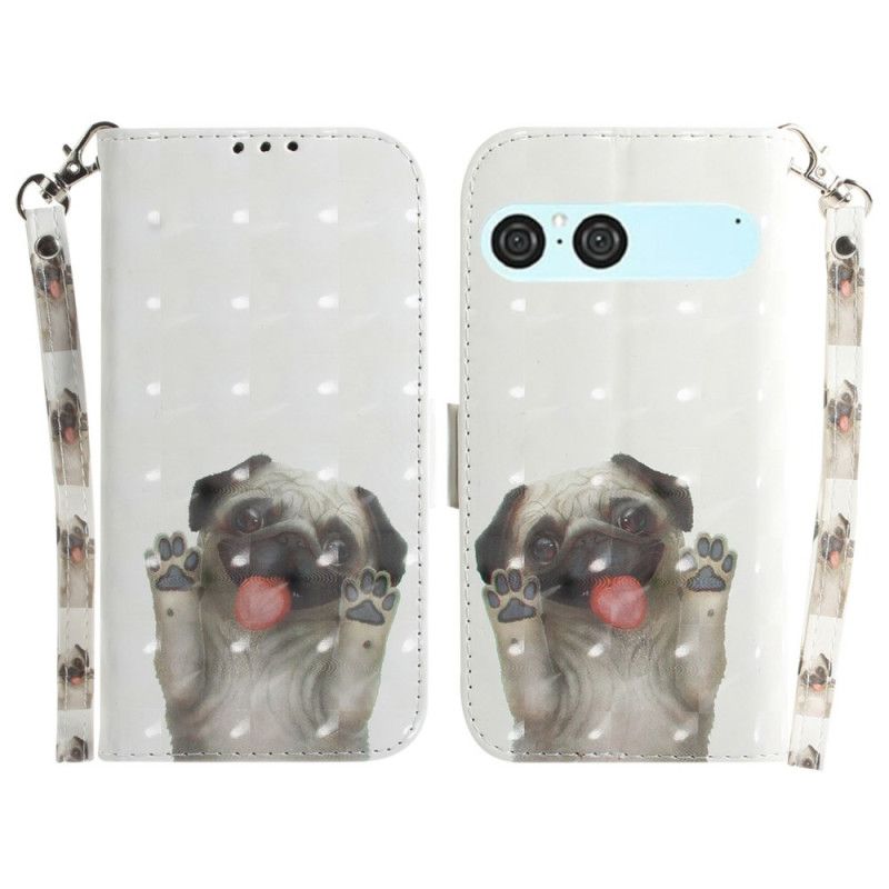 Flip Case Leren Sony Xperia 10 Vii Sleutelkoord Met Mopshond-patroon