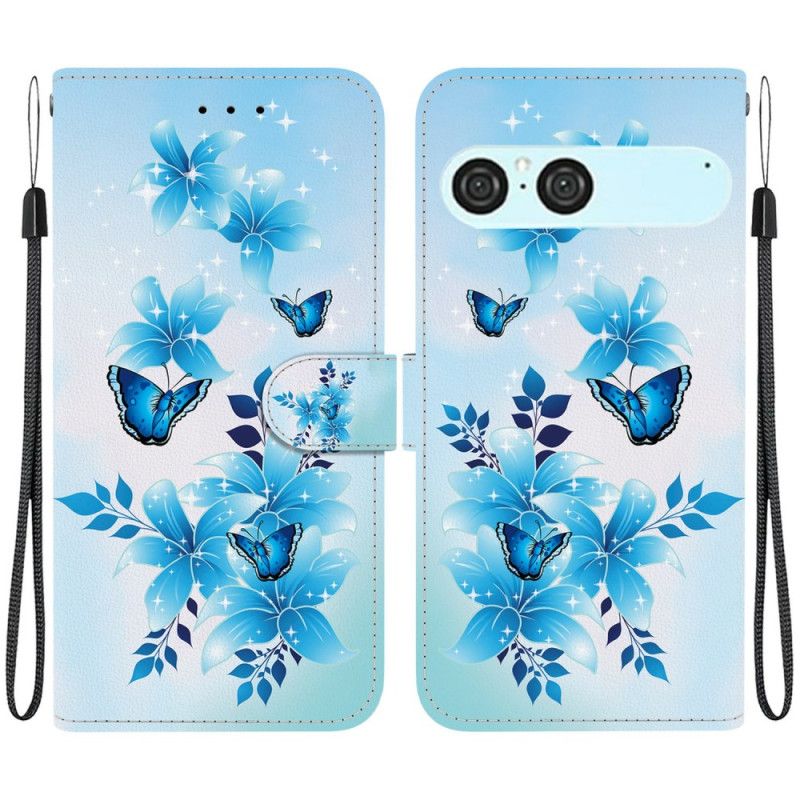 Leren Hoesje Sony Xperia 10 Vii Blauwe Vlinders En Bloemen Bescherming Hoesje