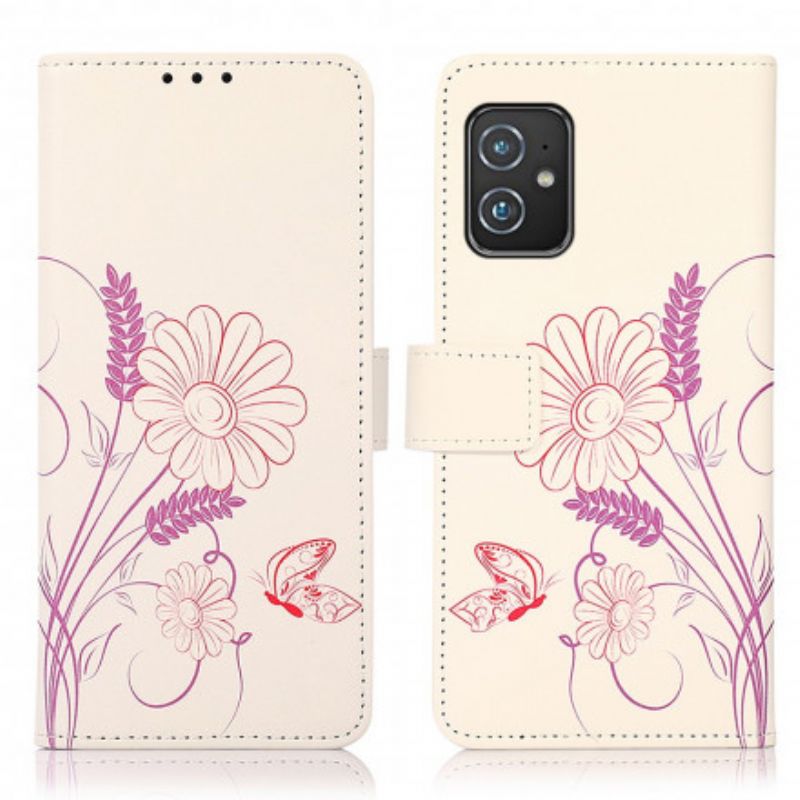 Folio-hoesje Asus Zenfone 8 Telefoonhoesje Vlinders En Bloemen Tekenen