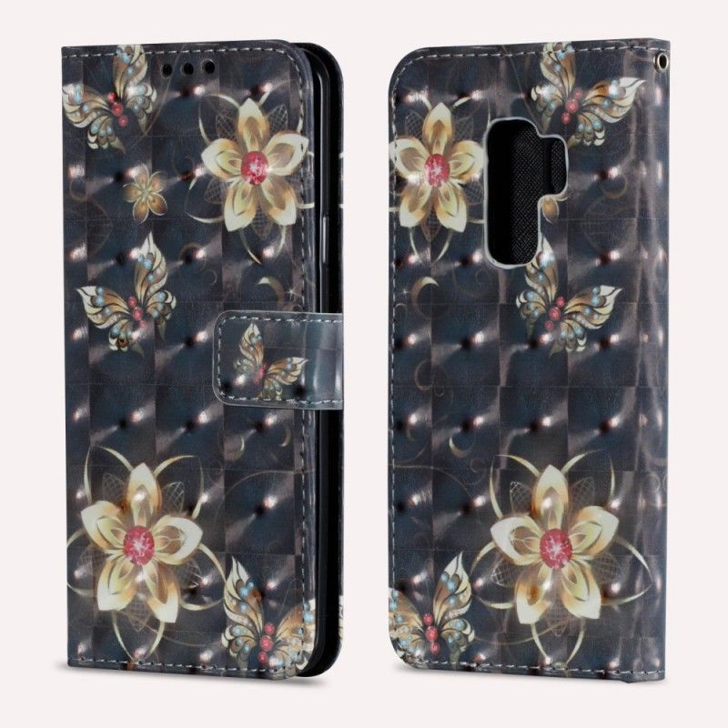 Leren Hoesje voor Samsung Galaxy S9 Plus Roze Zwart Retro Kleurrijke Bloemen