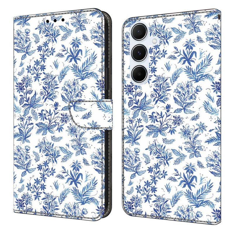 Leren Hoesje Voor Samsung Galaxy A17 4g / 5g Blauwe Bloemen