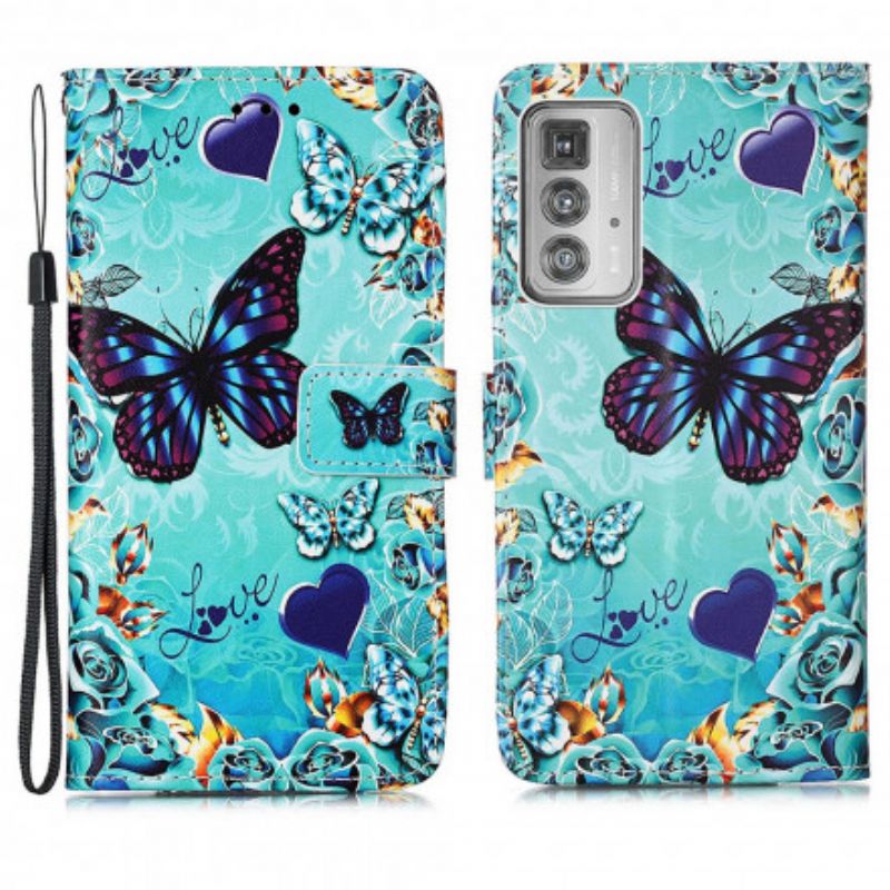 Leren Hoesje Motorola Edge 20 Pro Liefde Vlinders Strappy Bescherming Hoesje