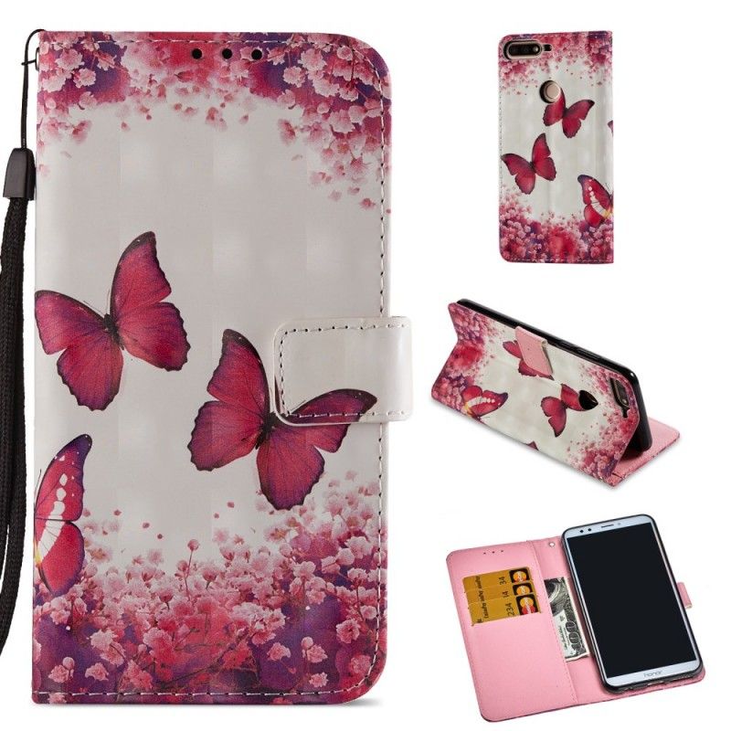 Leren Hoesje voor Honor 7C 3D Rode Vlinders