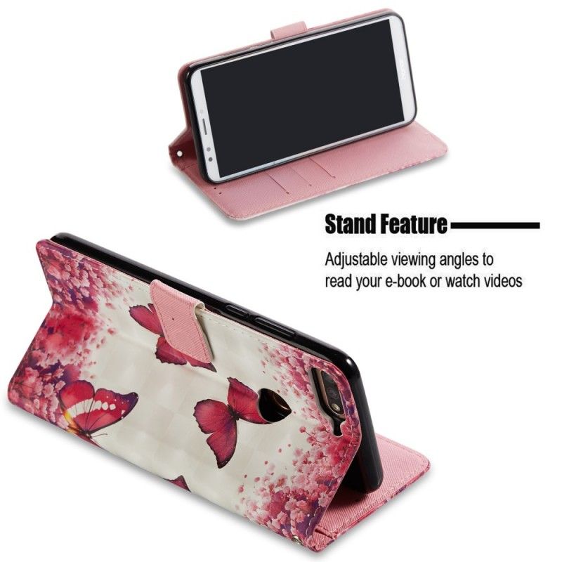 Leren Hoesje voor Honor 7C 3D Rode Vlinders