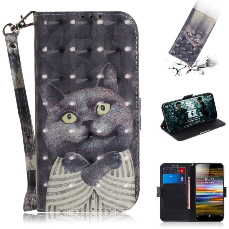 Leren Hoesje voor Sony Xperia L3 Grijze Kat Met String