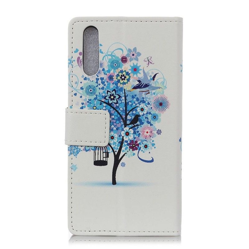 Leren Hoesje voor Sony Xperia L3 Lichtblauw Oranje Bloeiende Boom
