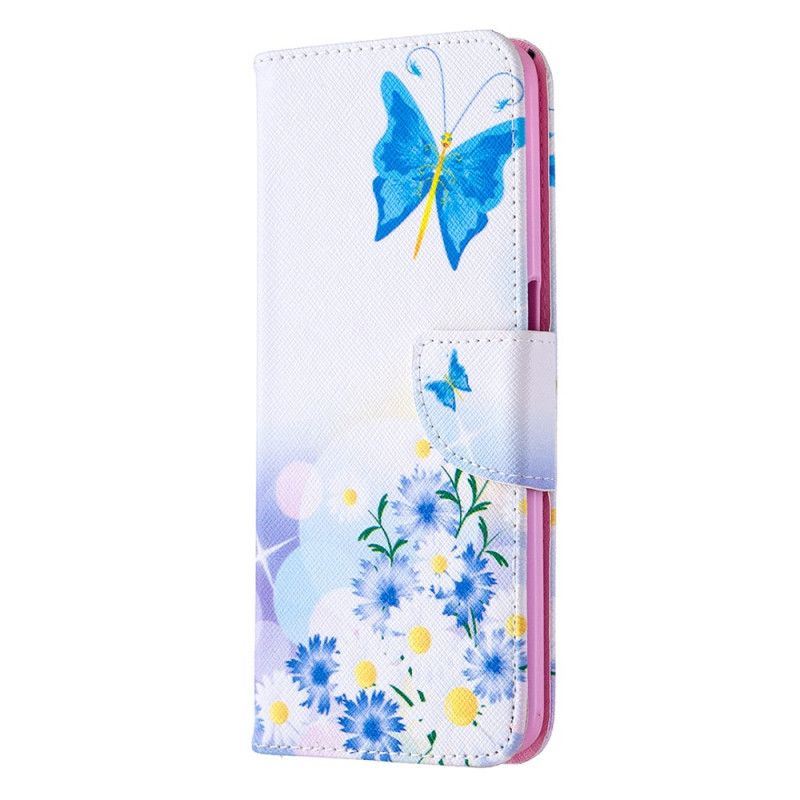 Leren Hoesje Oppo A72 Lichtblauw Magenta Geschilderde Vlinders En Bloemen