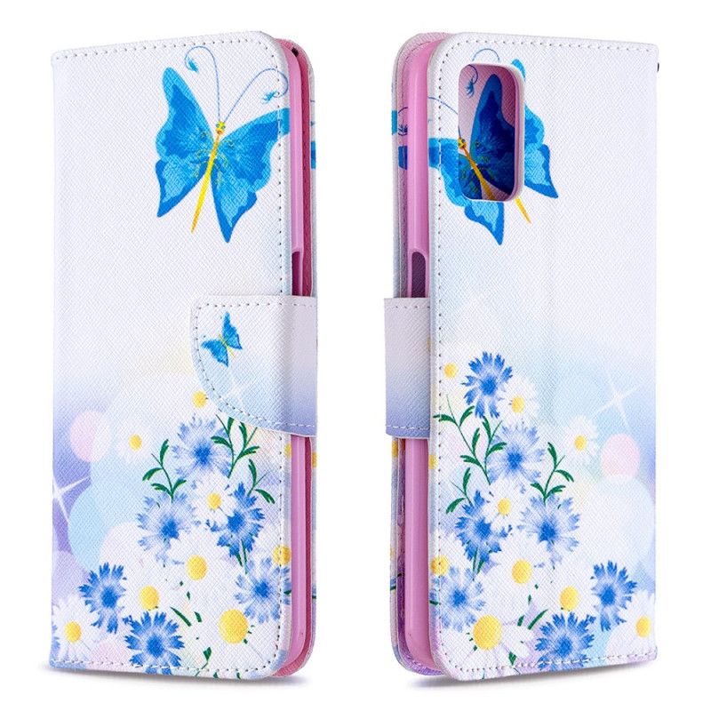 Leren Hoesje Oppo A72 Lichtblauw Magenta Geschilderde Vlinders En Bloemen