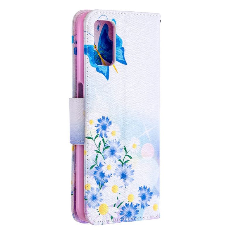 Leren Hoesje Oppo A72 Lichtblauw Magenta Geschilderde Vlinders En Bloemen