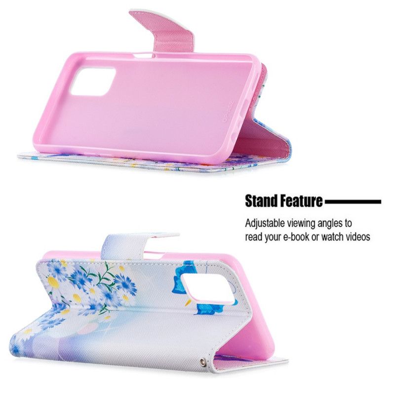 Leren Hoesje Oppo A72 Lichtblauw Magenta Geschilderde Vlinders En Bloemen