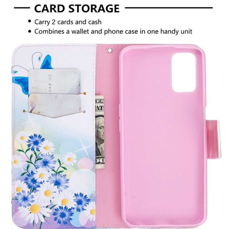 Leren Hoesje Oppo A72 Lichtblauw Magenta Geschilderde Vlinders En Bloemen