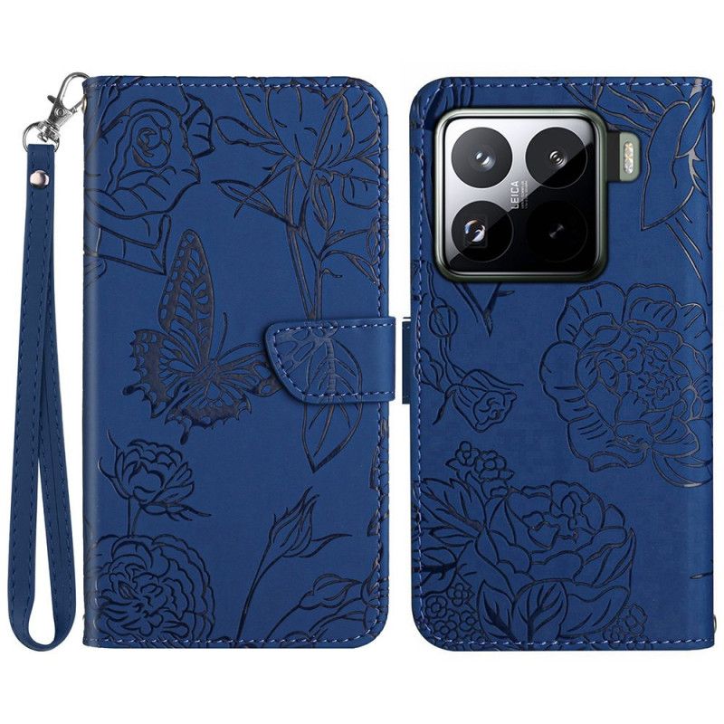 Flip Case Leren Xiaomi 15 Sleutelkoord Met Vlinderprint
