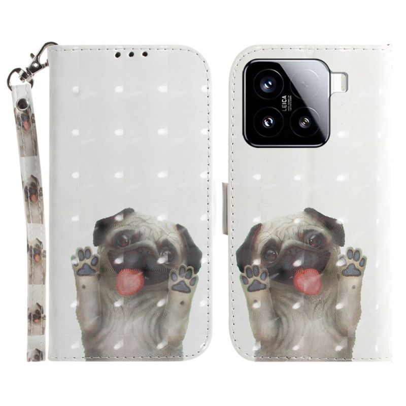 Leren Hoesje Voor Xiaomi 15 Sleutelkoord Met Mopshondpatroon