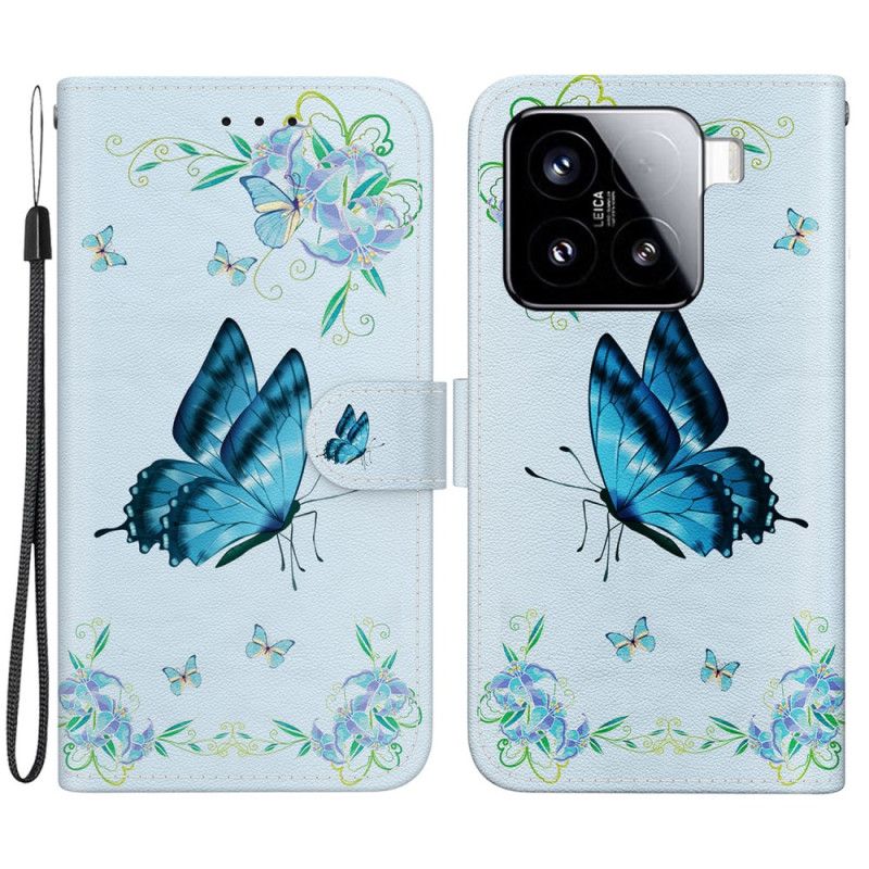 Leren Hoesje Xiaomi 15 Blauwe Vlinders En Bloemen Bescherming Hoesje