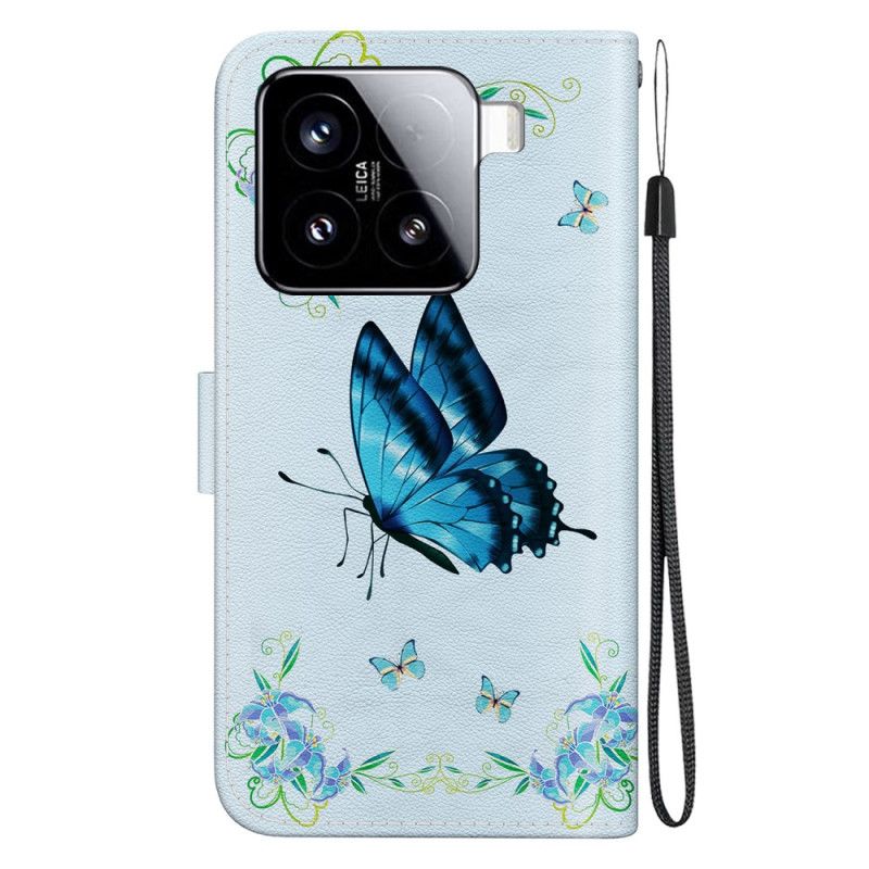 Leren Hoesje Xiaomi 15 Blauwe Vlinders En Bloemen Bescherming Hoesje
