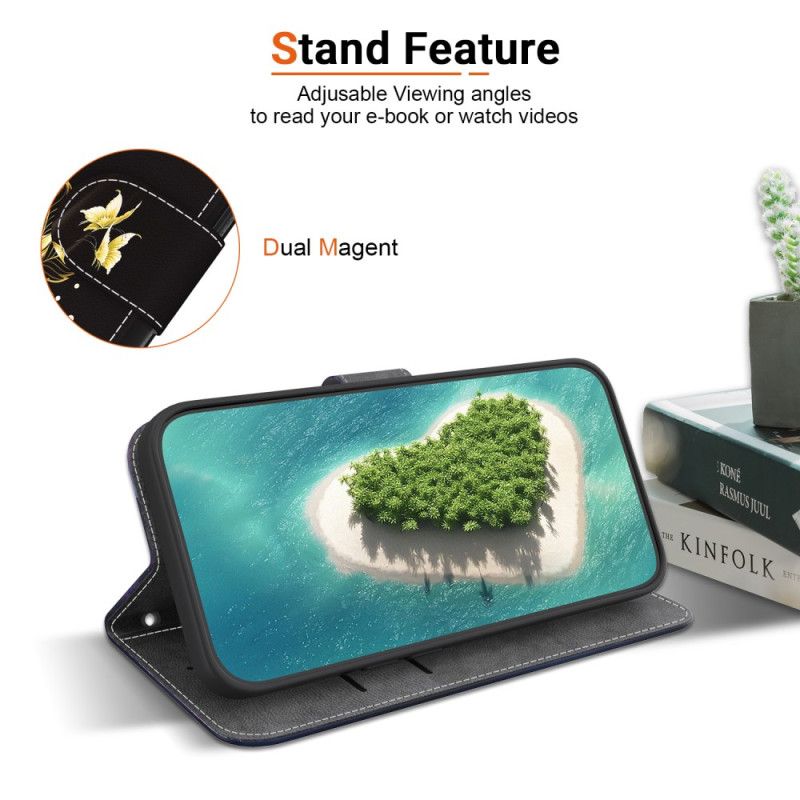 Leren Hoesje Xiaomi 15 Gouden En Roze Vlinders