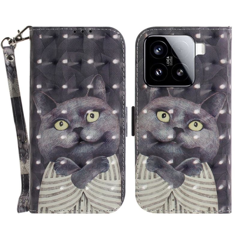 Leren Hoesje Xiaomi 15 Grijze Kat Met Bandje Bescherming Hoesje