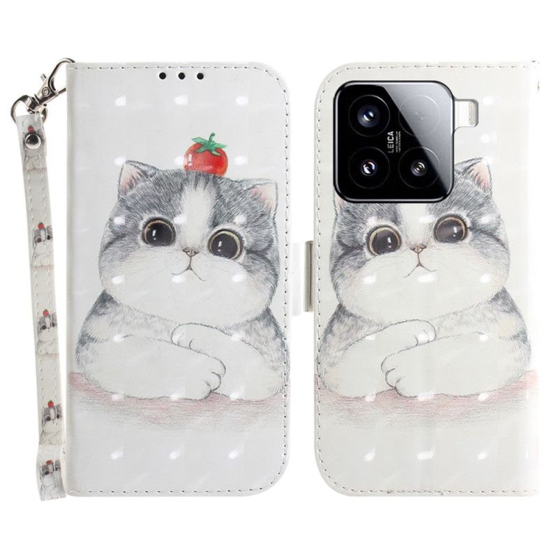 Leren Hoesje Xiaomi 15 Sleutelkoord Met Schattige Kat