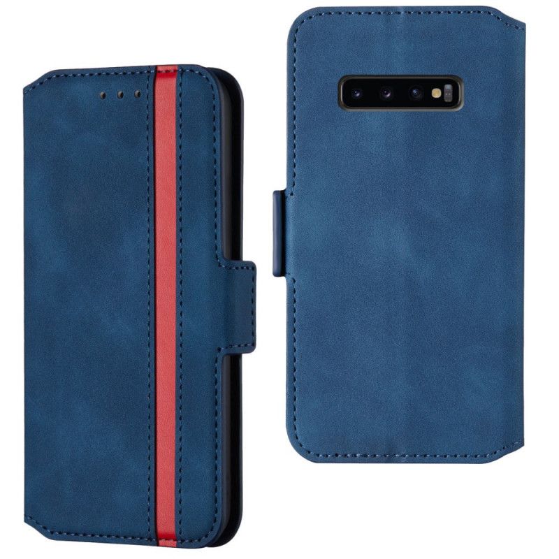 Leren Hoesje Samsung Galaxy S10 Plus Donkerblauw Rood Tweekleurige Verticale Lijn