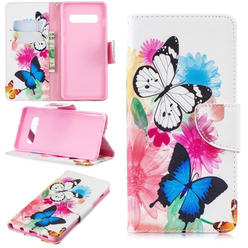 Leren Hoesje Samsung Galaxy S10 Plus Magenta Geschilderde Vlinders En Bloemen