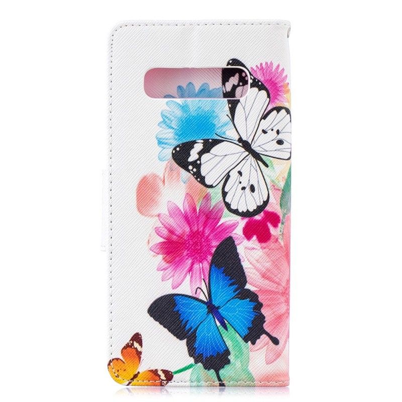 Leren Hoesje Samsung Galaxy S10 Plus Magenta Geschilderde Vlinders En Bloemen