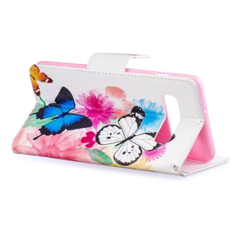 Leren Hoesje Samsung Galaxy S10 Plus Magenta Geschilderde Vlinders En Bloemen