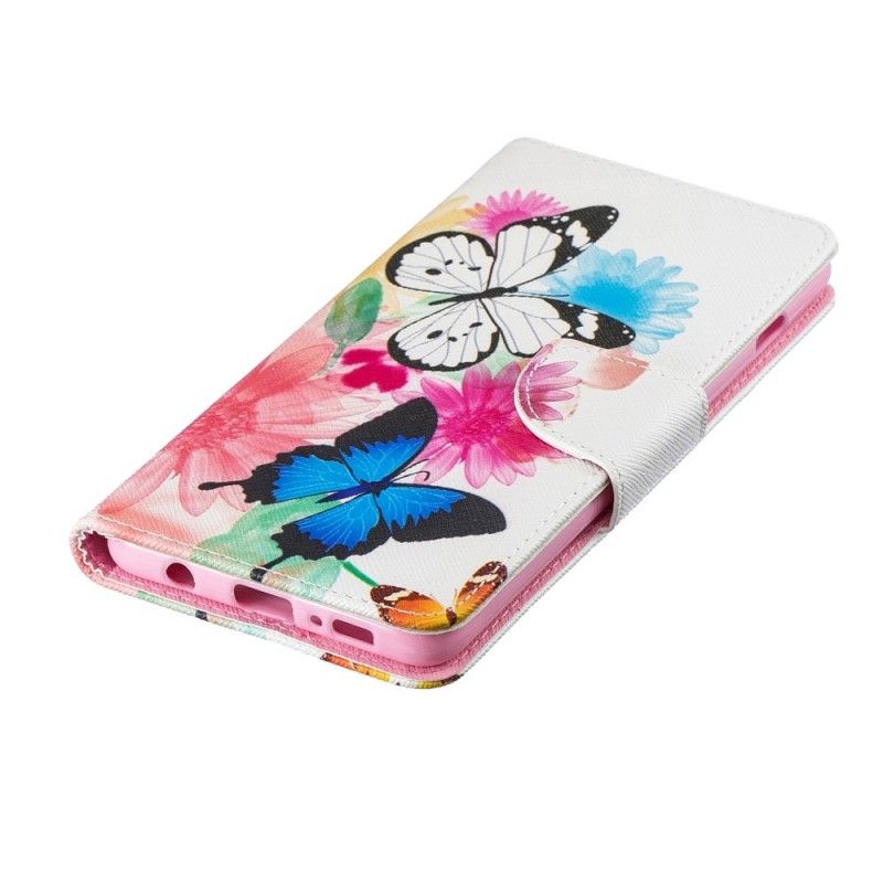 Leren Hoesje Samsung Galaxy S10 Plus Magenta Geschilderde Vlinders En Bloemen