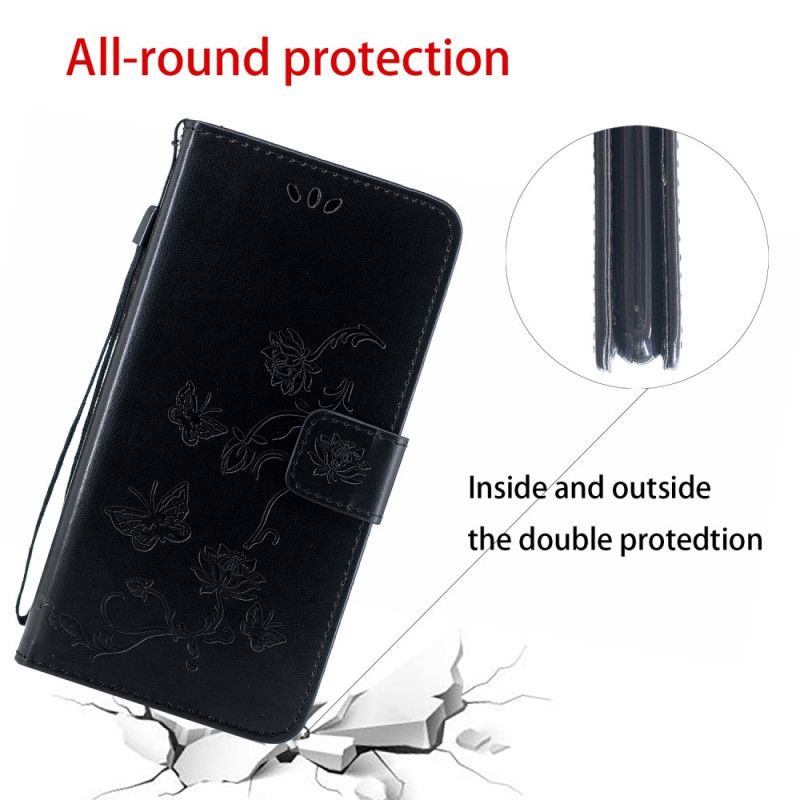 Leren Hoesje Huawei P Smart S Grijs Zwart Vlinders En Stringbloemen