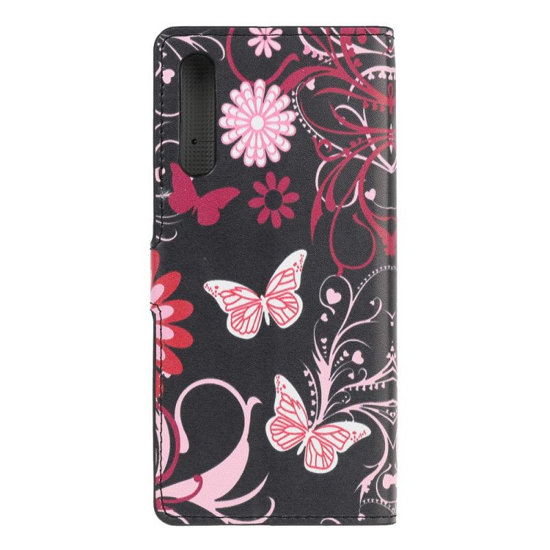 Leren Hoesje Huawei P Smart S Wit Zwart Vlinders En Bloemen