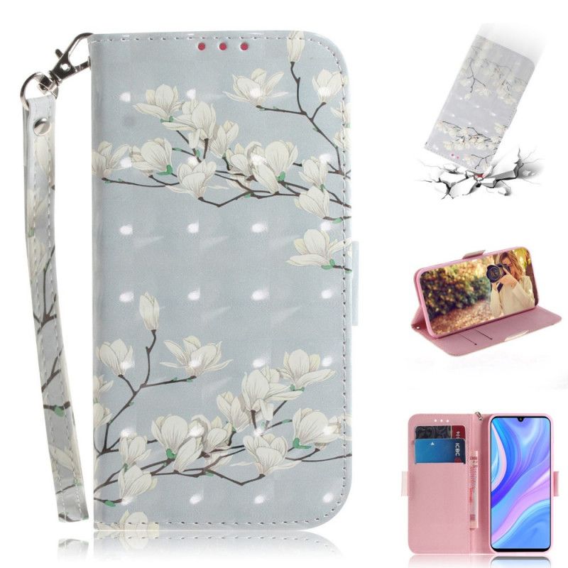 Leren Hoesje voor Huawei P Smart S Groen Grijs Bloeiende Tak Met String