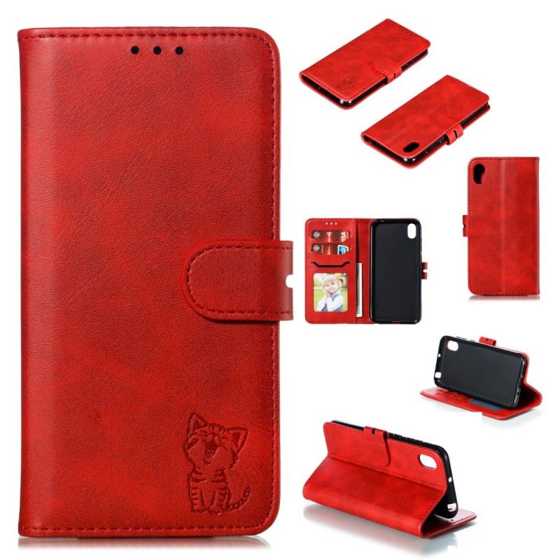 Leren Hoesje Honor 8S Rood Grijs Telefoonhoesje Kitten Imitatieleer
