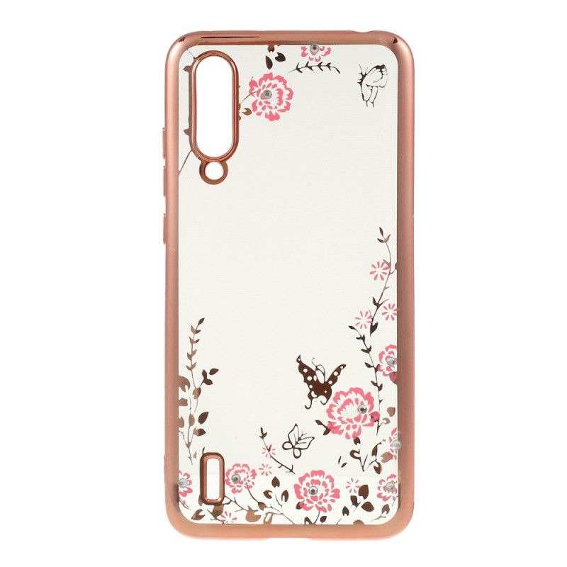 Hoesje voor Xiaomi Mi 9 Lite Rose Goud Bloem- En Vlinderdiamanten