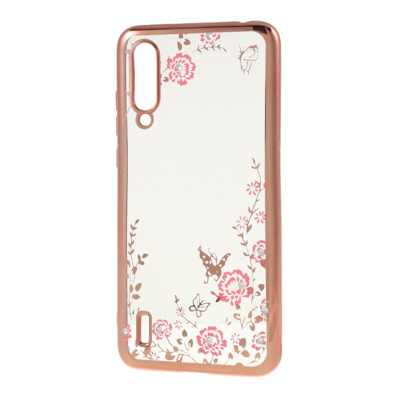 Hoesje voor Xiaomi Mi 9 Lite Rose Goud Bloem- En Vlinderdiamanten