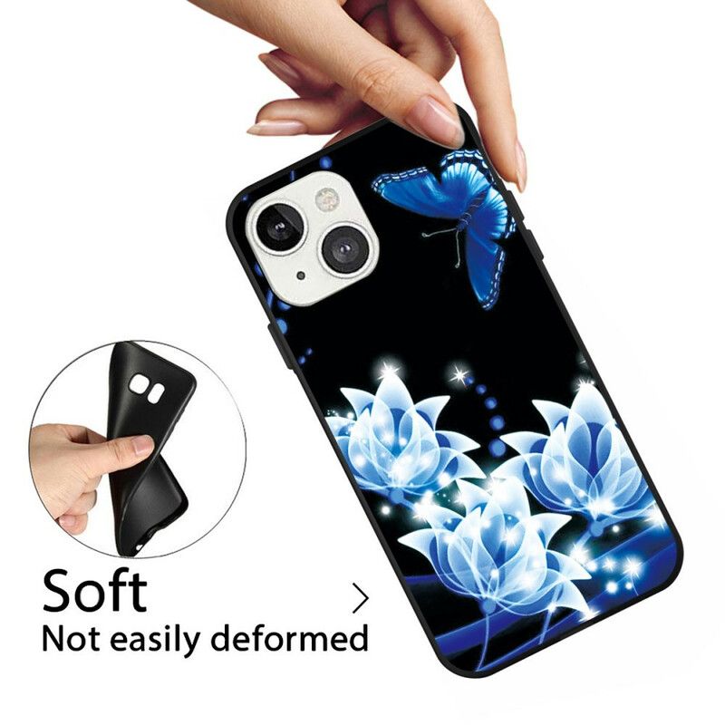 Hoesje Voor iPhone 13 Mini Vlinder En Blauwe Bloemen