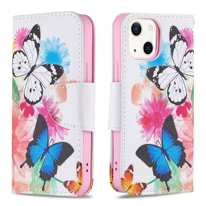 Leren Hoesje Voor iPhone 13 Mini Geschilderde Vlinders En Bloemen