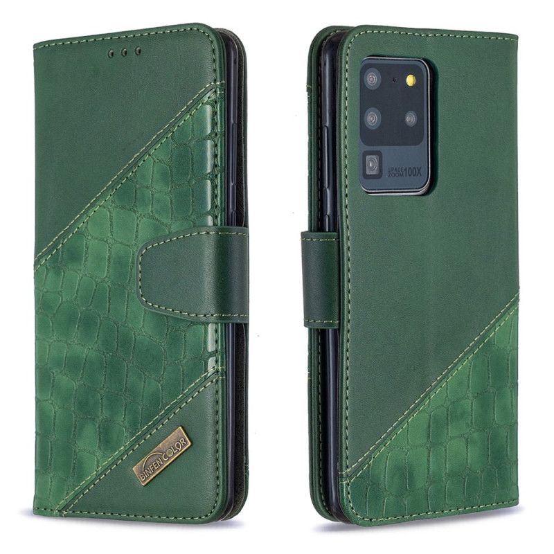 Cover Folio-hoesje Samsung Galaxy S20 Ultra Grijs Zwart Telefoonhoesje Klassiek Krokodillenleer-Effect