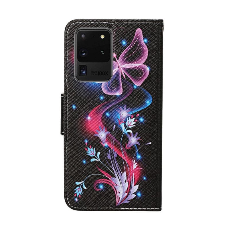 Flip Case Leren Samsung Galaxy S20 Ultra Wit Zwart Vlinders En String