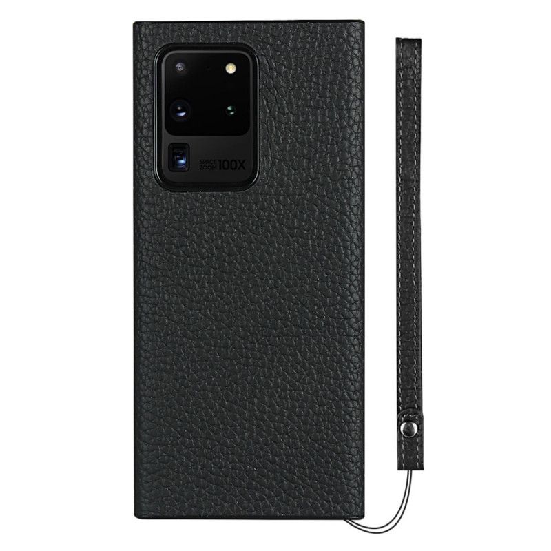 Hoesje Samsung Galaxy S20 Ultra Grijs Zwart Echt Lychee Leer Met Riem