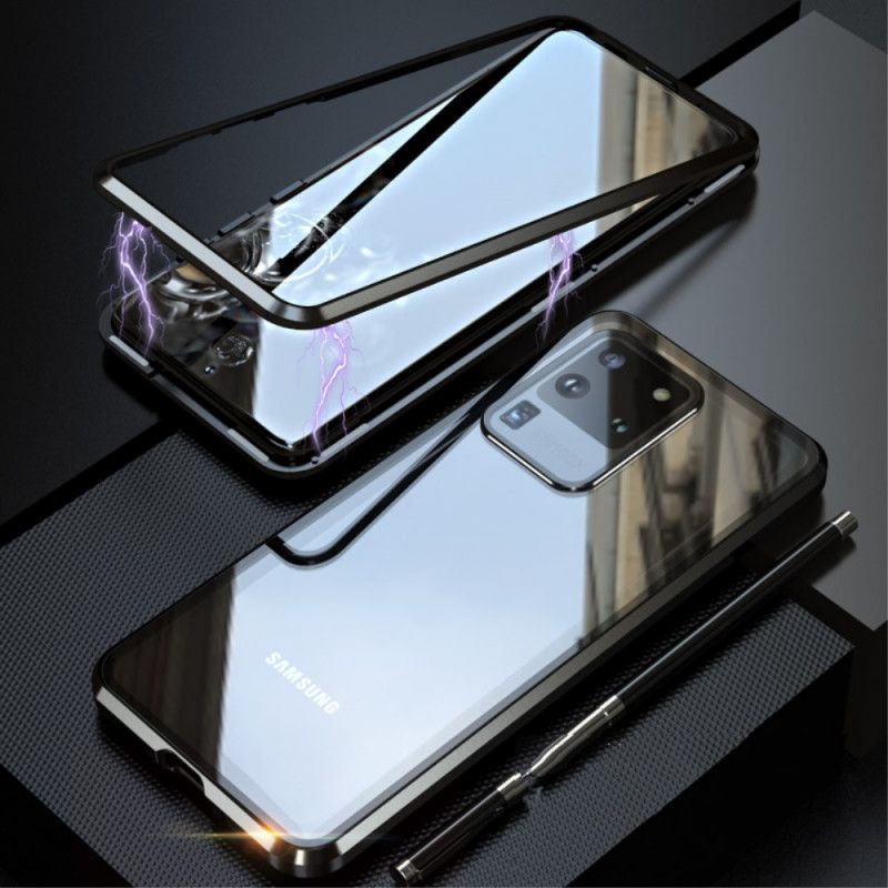Hoesje voor Samsung Galaxy S20 Ultra Rood Zwart Metalen Randen En Gehard Glas