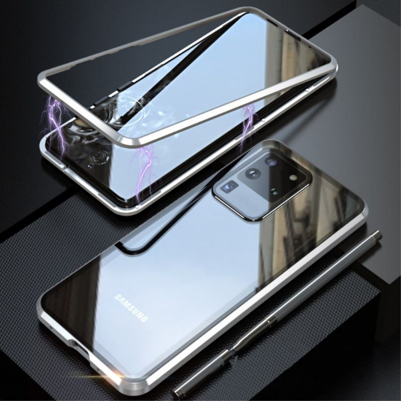 Hoesje voor Samsung Galaxy S20 Ultra Rood Zwart Metalen Randen En Gehard Glas