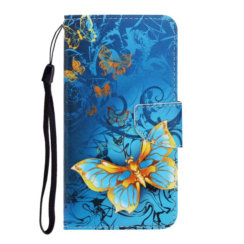 Leren Hoesje Samsung Galaxy S20 Ultra Donkerblauw Zwart Vlindervariaties Met String