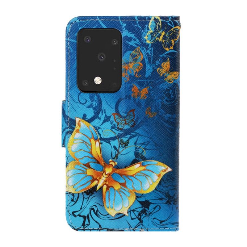 Leren Hoesje Samsung Galaxy S20 Ultra Donkerblauw Zwart Vlindervariaties Met String