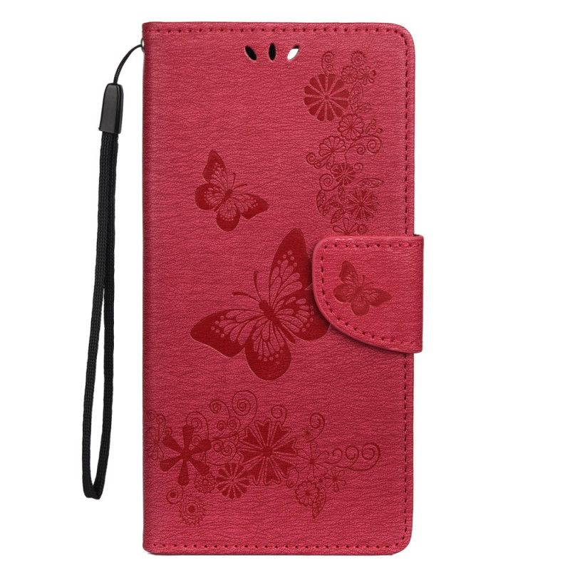 Leren Hoesje Samsung Galaxy S20 Ultra Grijs Zwart Alleen Vlinders Met String