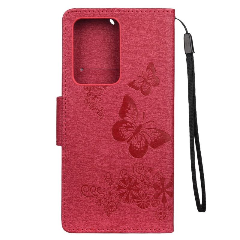 Leren Hoesje Samsung Galaxy S20 Ultra Grijs Zwart Alleen Vlinders Met String