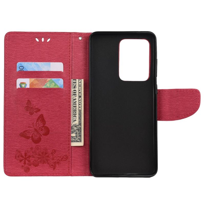 Leren Hoesje Samsung Galaxy S20 Ultra Grijs Zwart Alleen Vlinders Met String